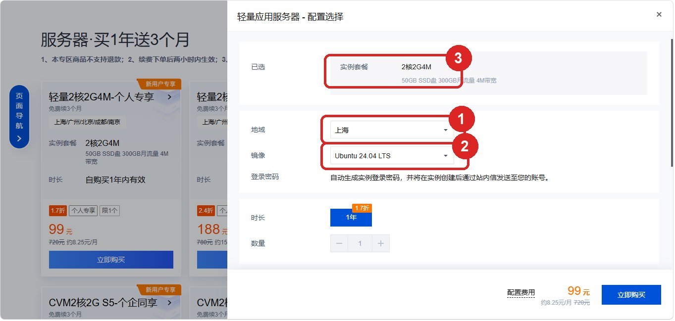轻量应用服务器购买页，红框标出地域、镜像、套餐三项配置